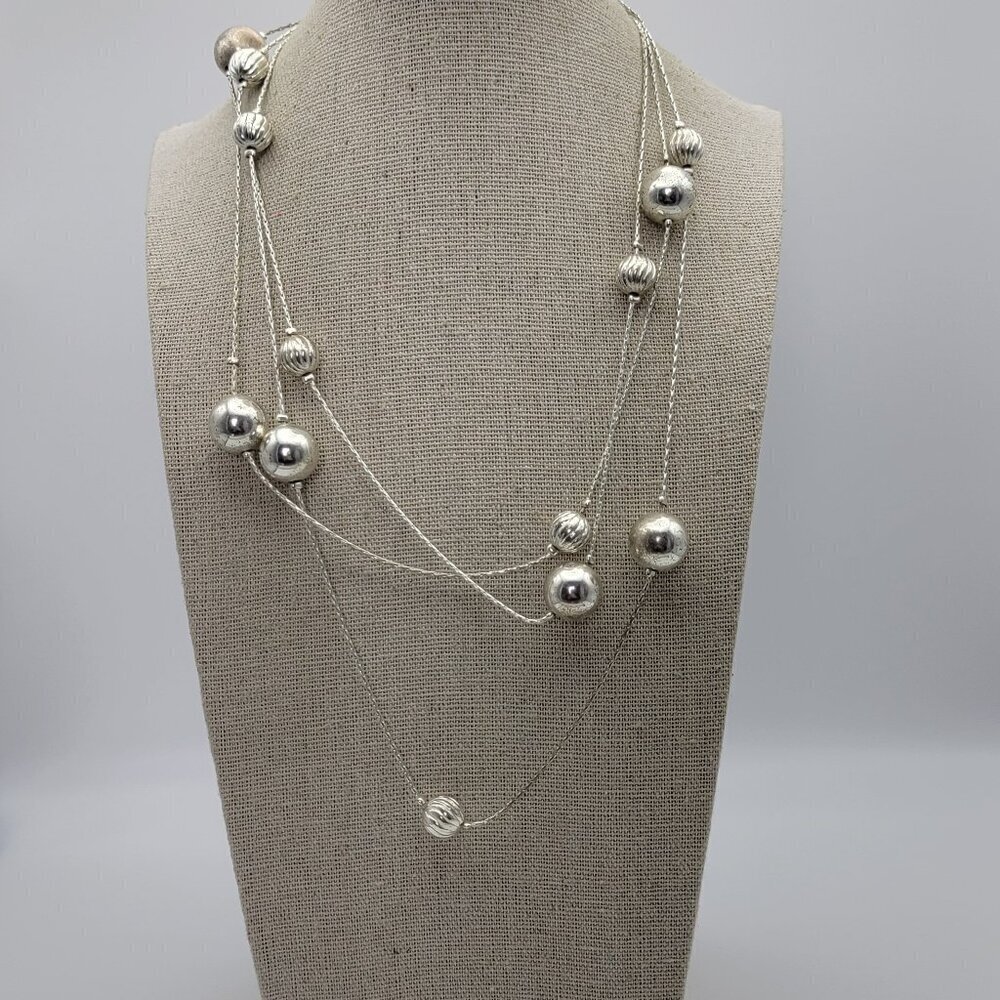 Silver Tone Ball Bead Cobra Chain Station Necklace 60 Inch Opera Length